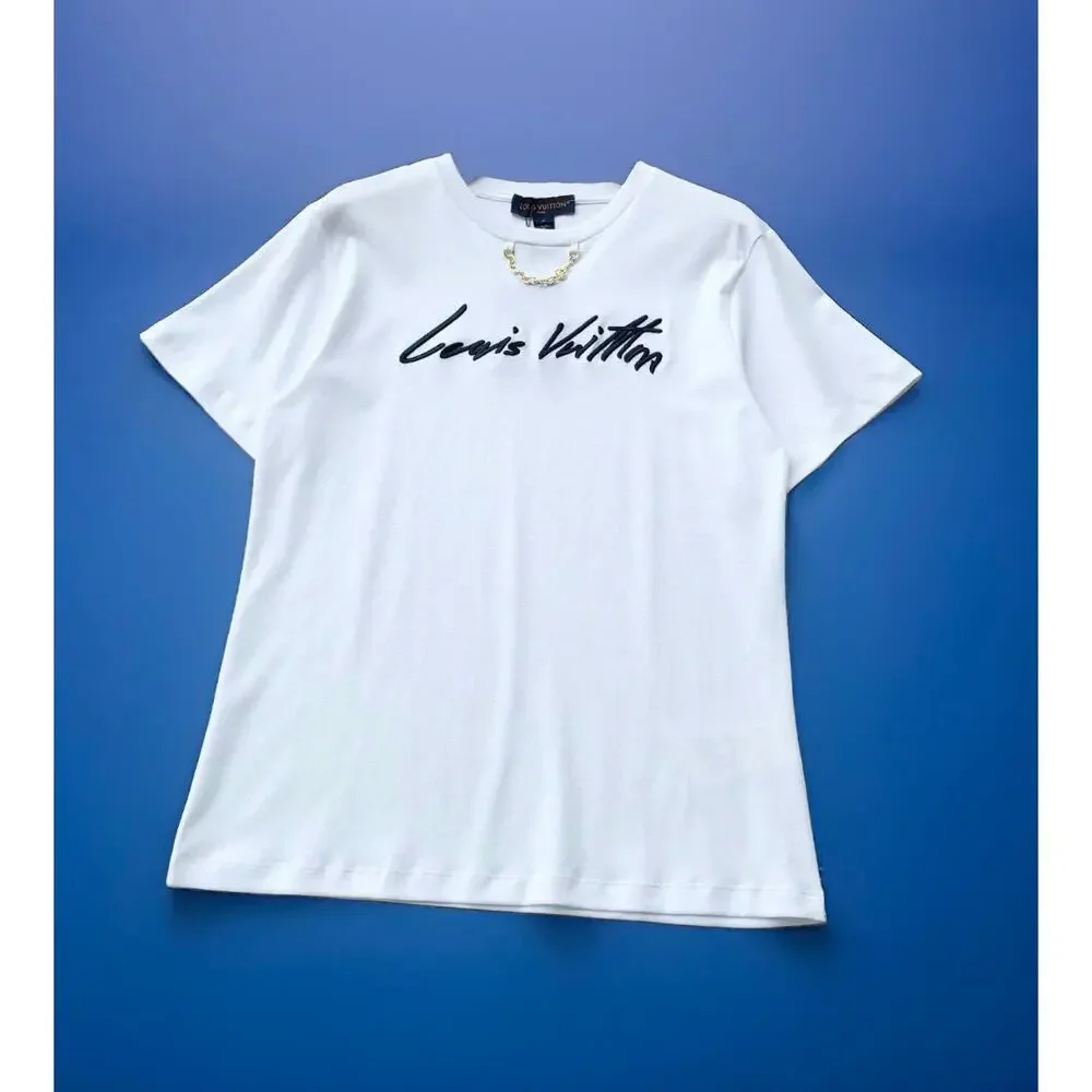 LOUIS VUITTON Cursive Signature T-Shirt White Black Large Medium Women 1AII22